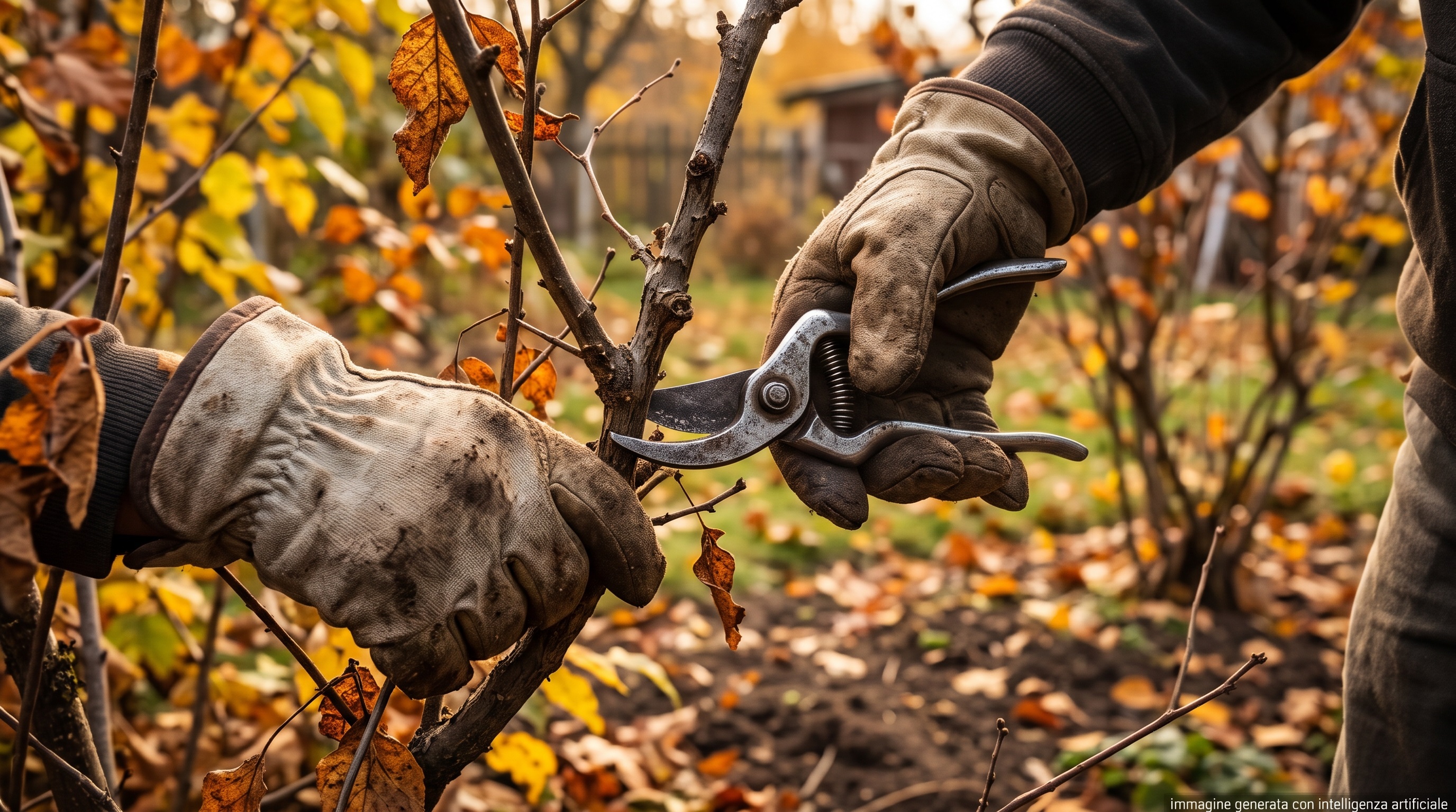 Mani con guanti da lavoro che usano le forbici da potatura su un ramo secco in un giardino
