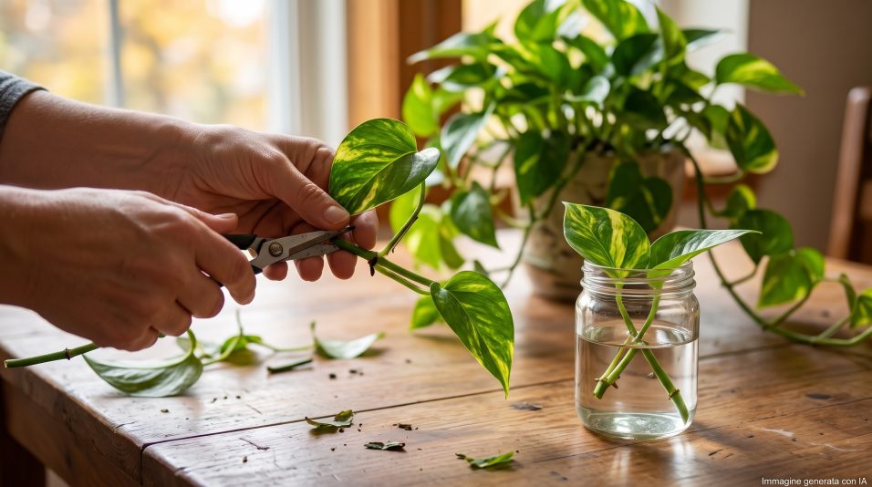 Una mano che taglia con le forbici il ramo di un Pothos proprio sotto il nodo