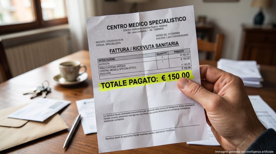 Una mano tiene una ricevuta fiscale medica dal costo elevato di 150 euro