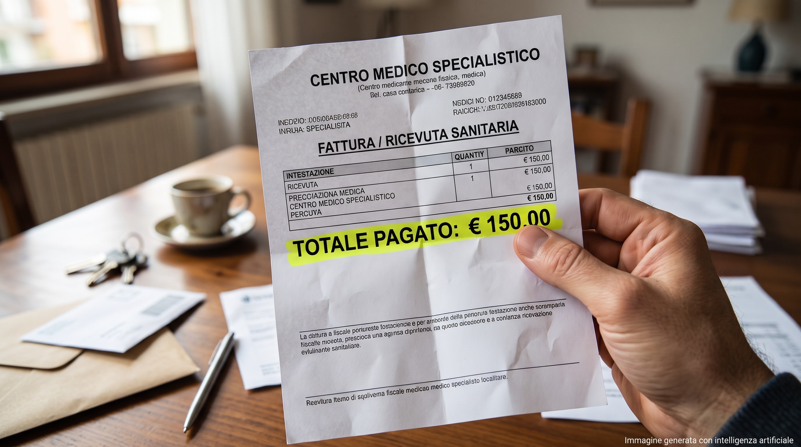 Una mano tiene una ricevuta fiscale medica dal costo elevato di 150 euro