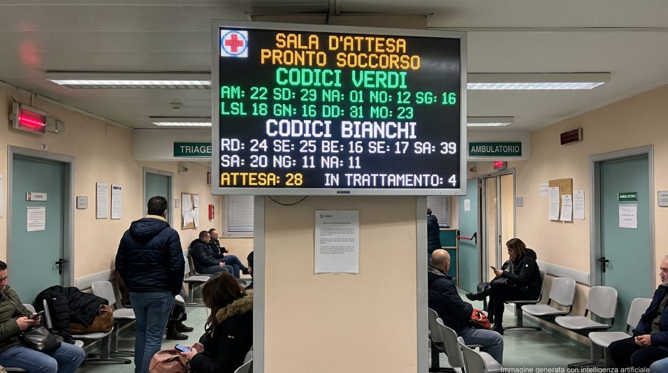 classico tabellone luminoso del Pronto Soccorso che mostra decine di persone in attesa per i codici bianchi/verdi