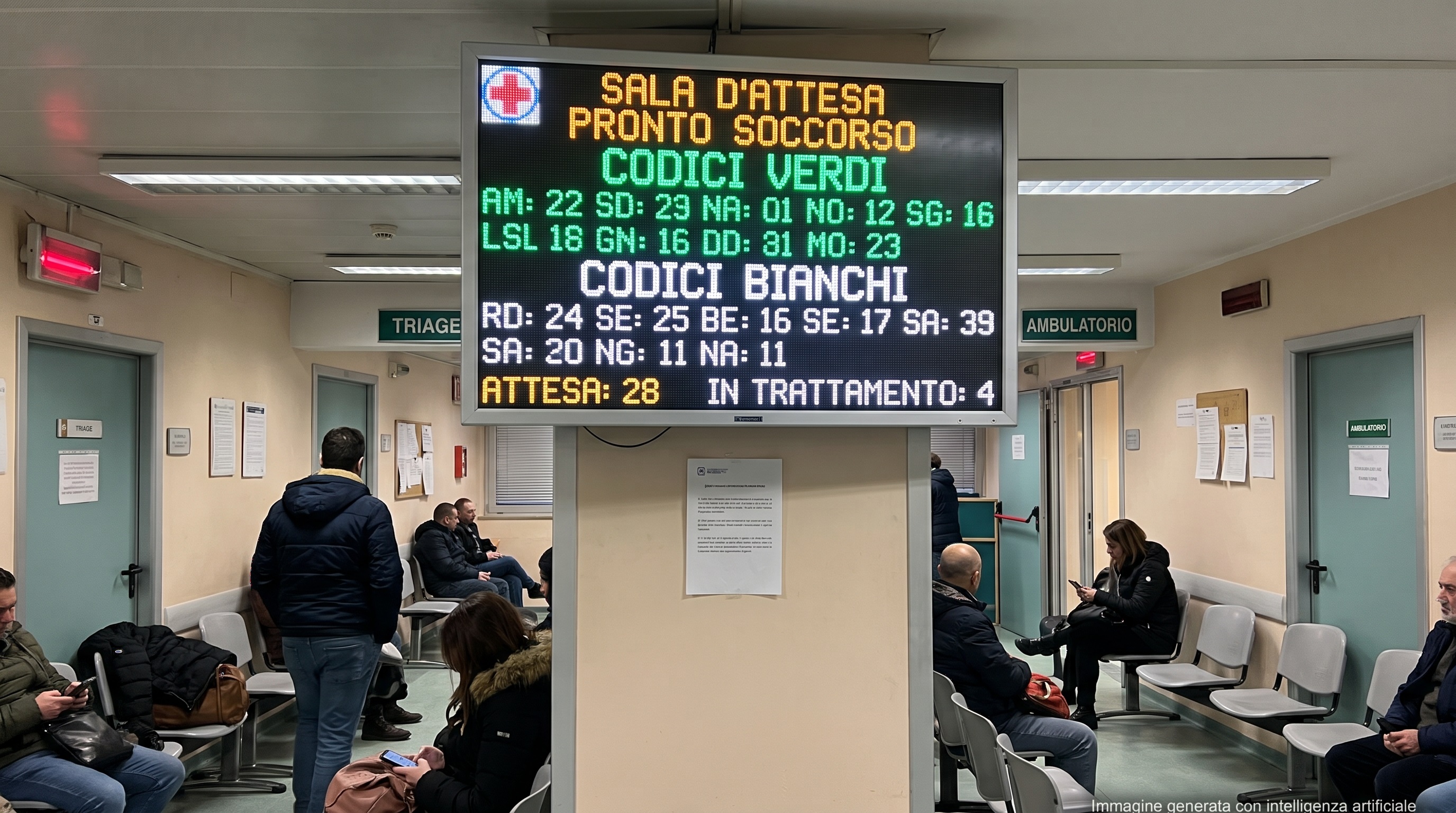 classico tabellone luminoso del Pronto Soccorso che mostra decine di persone in attesa per i codici bianchi/verdi