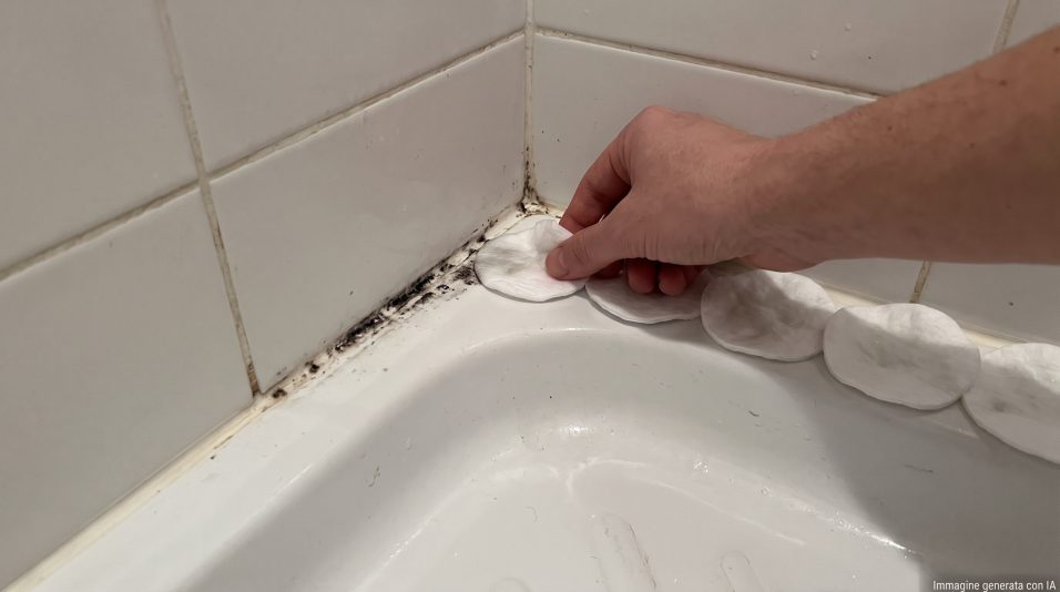 Mano che appoggia dei dischetti di cotone umidi sul silicone annerito della doccia.